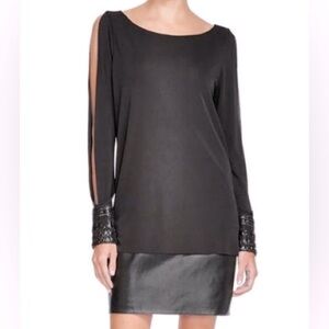 Bailey 44, Black Long Sleeve Dress with Faux Leather skirt and cuff, Sz Small